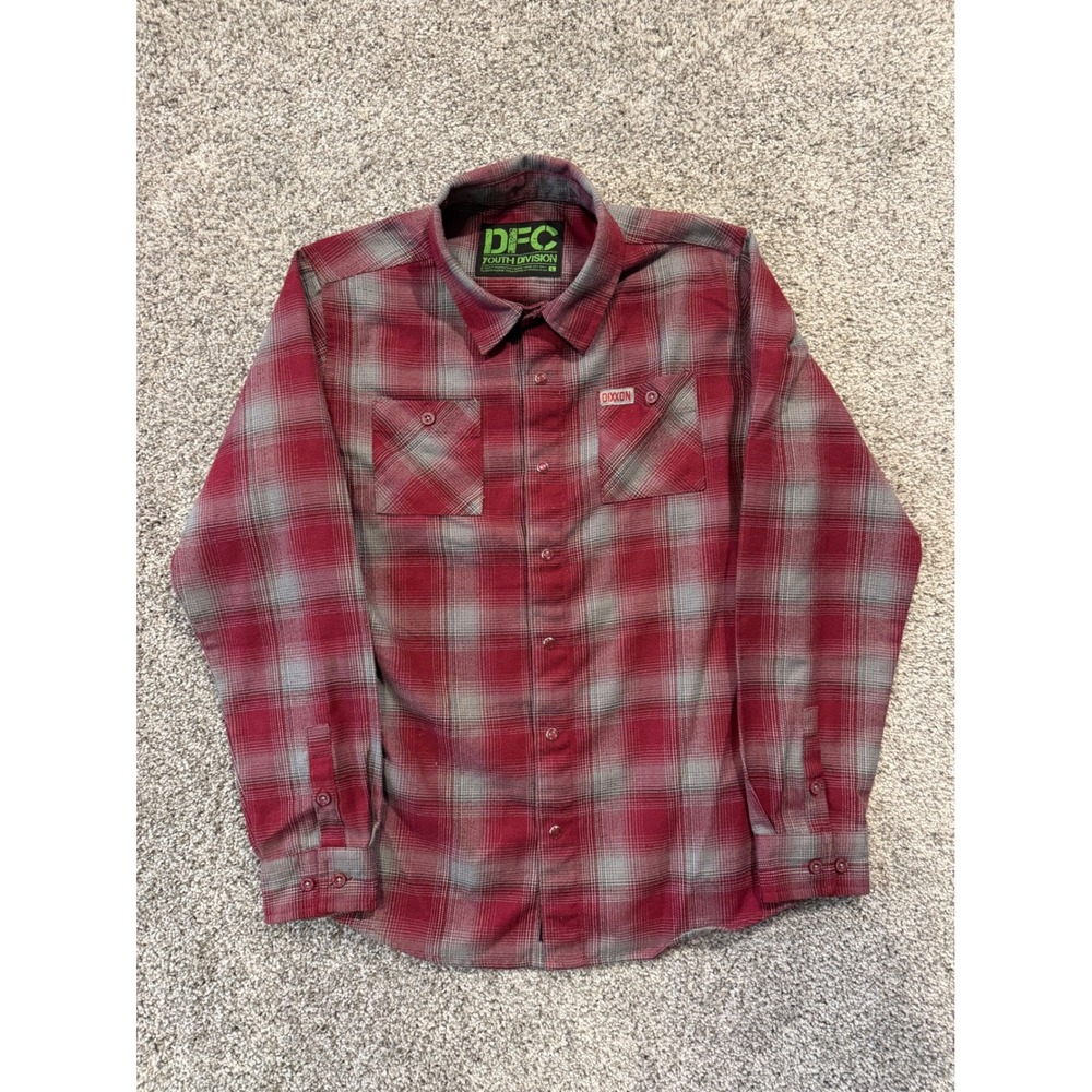 Dixxon Flannel Shirt Kids Youth L Red Grey Plaid D-Tech Button Down Long Sleeve